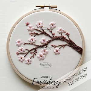 ピンクの桜の刺繍 PDF パターン - DIY 手刺繍用の花柄桜フープアート - 初心者に優しい花のデザイン