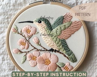 Hummingbird on Sakura Embroidery Pattern | Floral Bird Hand Embroidery PDF | Nature-Inspired DIY Hoop Art & Needlework Design