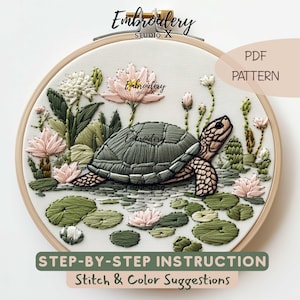 Meeresschildkröte Stickmuster | Seerosen & Natur Handstickerei PDF | Verträumte Wildtiere Hoop Art | DIY Stickdesign
