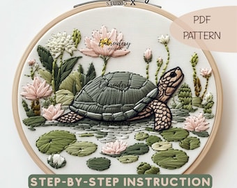 Sea Turtle Embroidery Pattern | Water Lilies & Nature Hand Embroidery PDF | Dreamy Wildlife Hoop Art | DIY Stitching Design