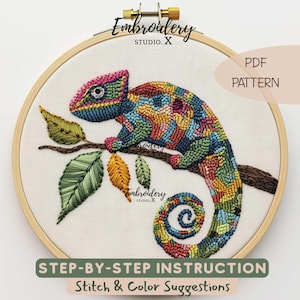 Rainbow Chameleon Embroidery Pattern | Tropical Lizard Hand Embroidery PDF | Vibrant Wildlife Hoop Art & DIY Stitching Design