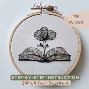 Offenes Buch mit blühender Blume Handstickerei PDF | Buch und Blumen Stickmuster | Minimalistische Blackwork Linie Kunst Handstich Vorlage