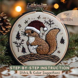 Grazioso ricamo di scoiattolo con cappello di Babbo Natale / Motivo natalizio con animali / PDF fai da te festivo per un ricamo magico per le feste
