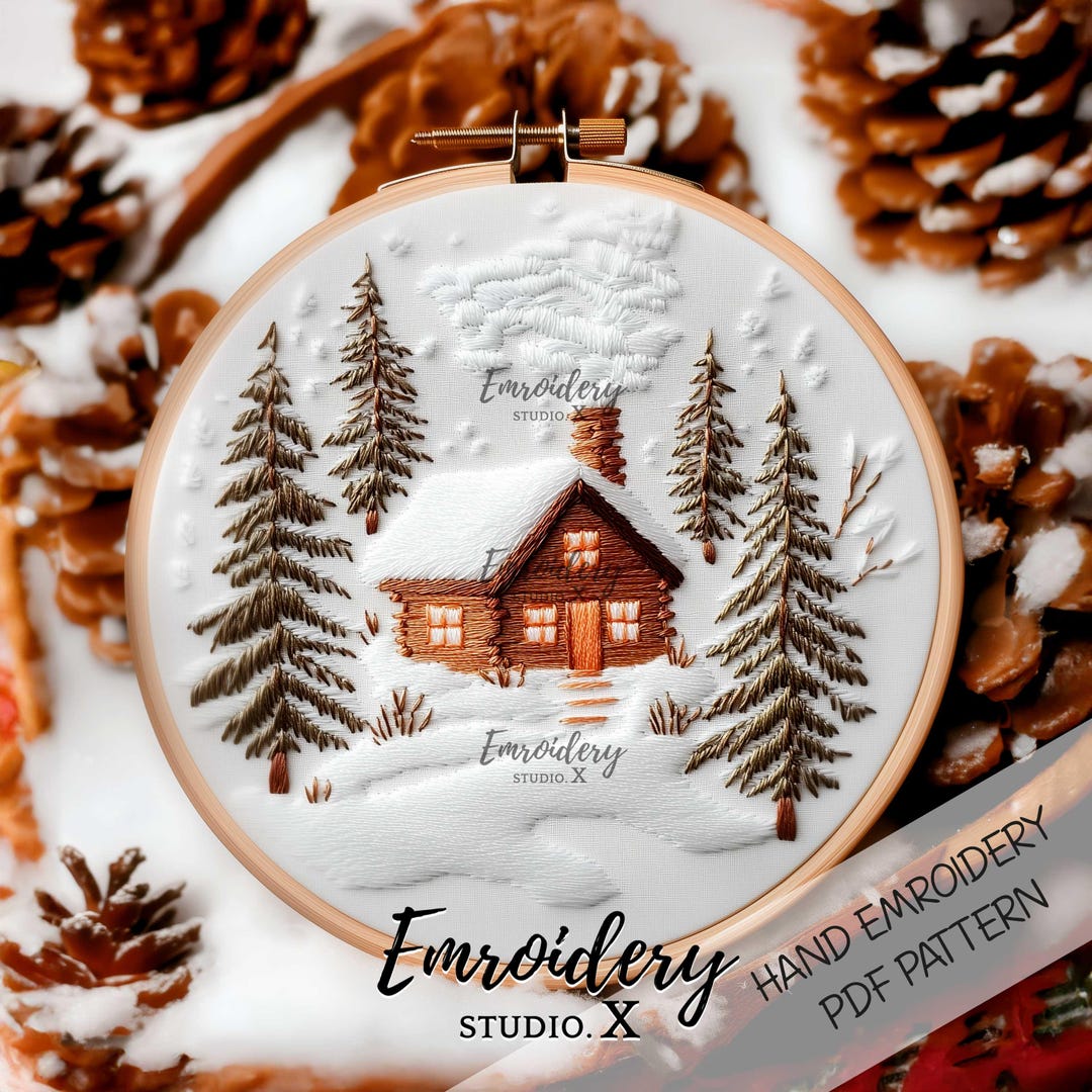Snowy Village Embroidery Pattern With House and Trees | Winter ...