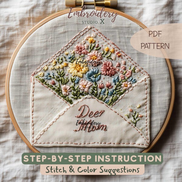 Love Letter to Mom Embroidery Pattern : Envelope with Flower Hand Embroidery PDF for Mother's Day