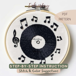 Vinyl Record Embroidery PDF Pattern | Modern Music Hoop Design with Notes | Easy Blackwork Line Art Stitch for Beginners and Music Lovers