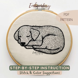 Sleepy Dog Embroidery Pattern PDF | Stylized Hoop Art with Curled Up Puppy | Minimalist Black Thread Hand Stitch Design for Dog Lovers
