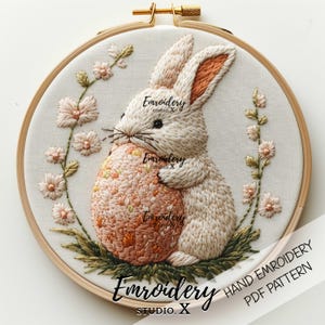 Easter Bunny Holding Big Egg Embroidery Pattern | Cute Rabbit PDF Design | Spring Floral Hand Embroidery Hoop Art for Easter Decor