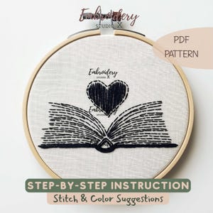 Libro aperto accogliente con motivo a cuore ricamato in PDF / Design semplice con linee minimali per principianti / Punto a mano moderno con ricamo nero per gli amanti dell'artigianato