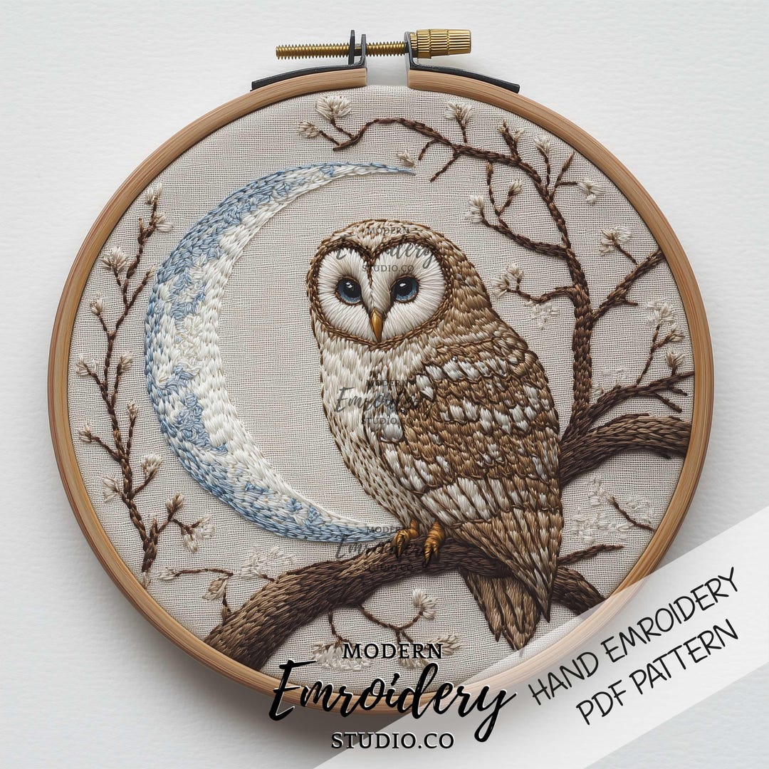 Owl and Moon Embroidery Pattern | Celestial Hand Embroidery PDF ...
