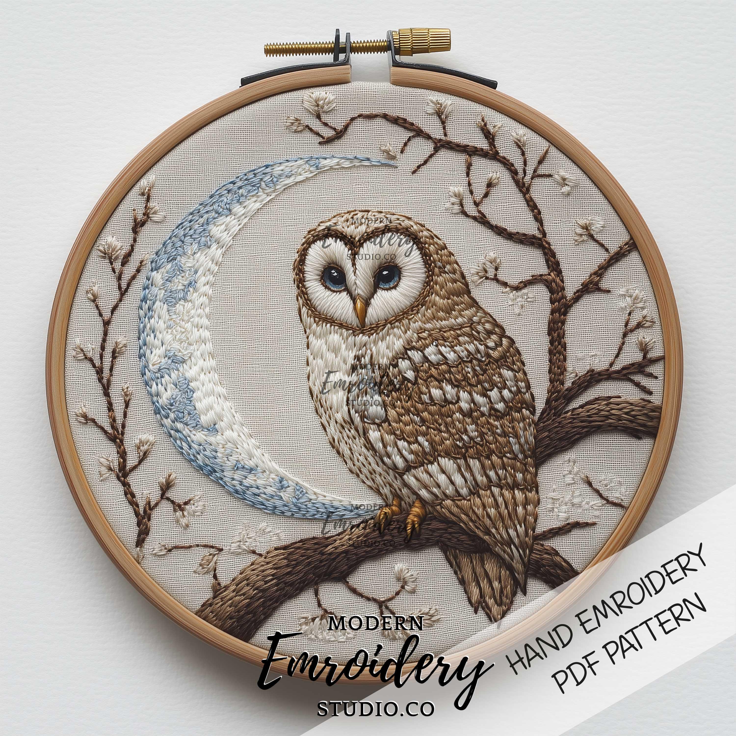 Owl and Moon Embroidery Pattern | Celestial Hand Embroidery PDF | Woodland Hoop Art for DIY Needlewo