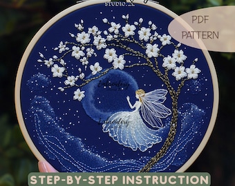 Magical Fairy Dancing Under the Moon | Enchanting Night Sky Hand Embroidery PDF | Floral Fairy Hoop Art Design