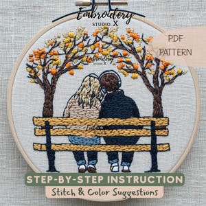 May include: An embroidery hoop featuring a couple sitting on a park bench under autumn trees. The design includes the text "Embroidery Studio X", "PDF Pattern", "Step-by-Step Instruction", and "Stitch & Color Suggestions".