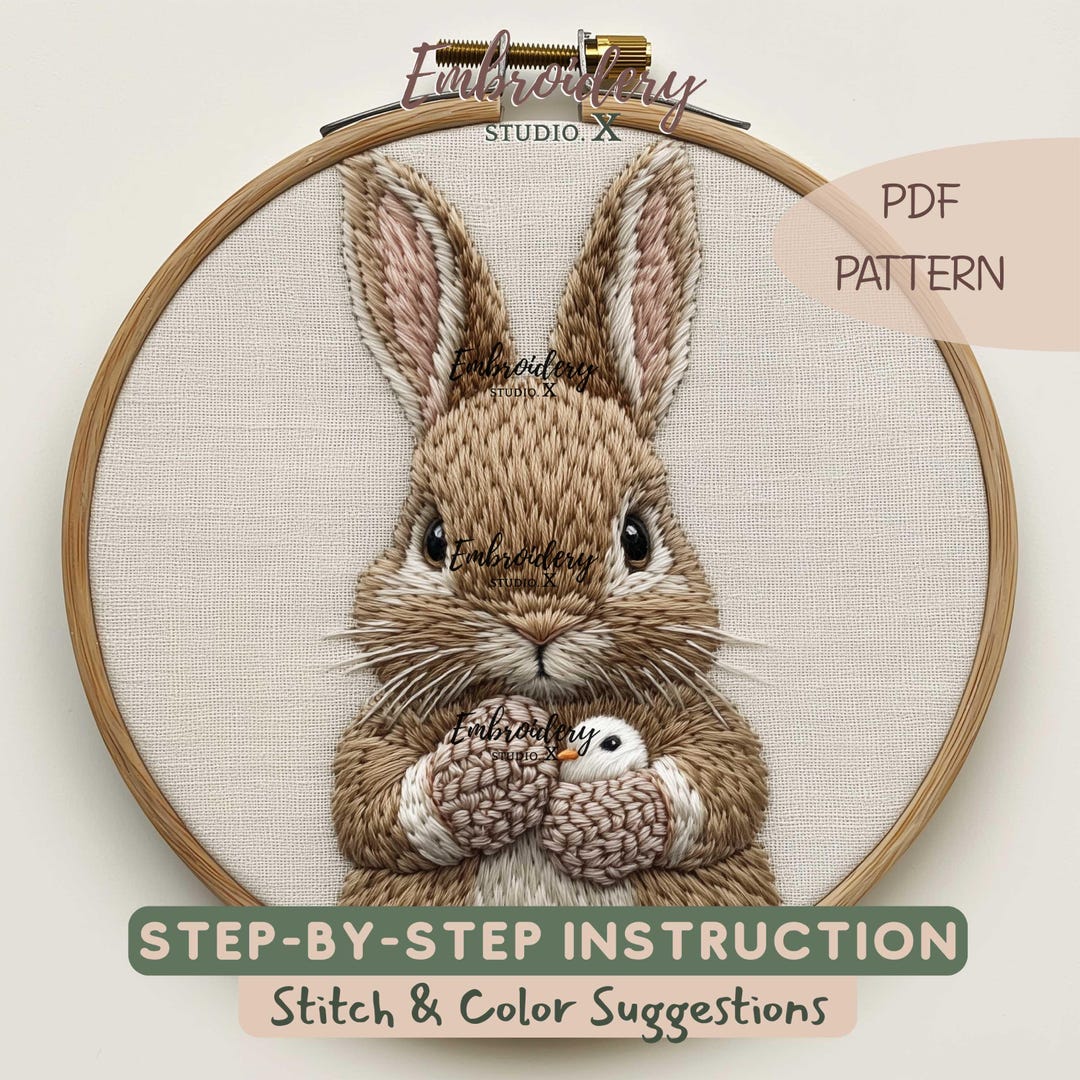 Easter Bunny Holding Bird Embroidery Pattern | Gentle Spring Animal PDF ...