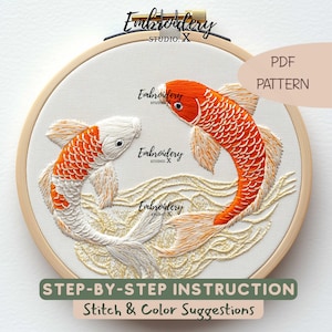 Patrón de bordado Yin Yang Koi / Elegante bordado a mano de pez koi PDF / Diseño de costura de aro tranquilo
