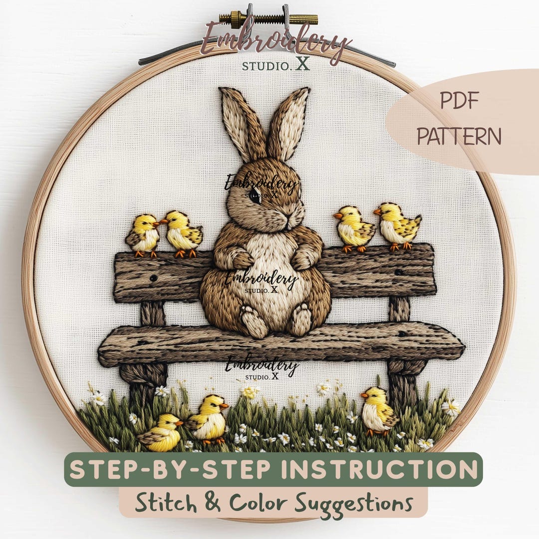 Spring Bunny Embroidery Pattern With Baby Chicks | Rabbit on Bench PDF ...