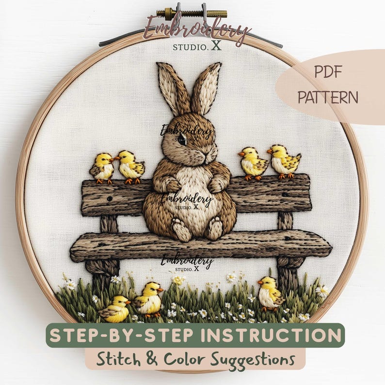 Spring Bunny Embroidery Pattern With Baby Chicks | Rabbit on Bench PDF ...