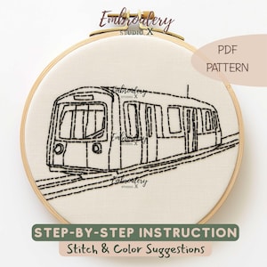 電車の刺繍パターンPDF | 初心者向け簡単地下鉄ステッチデザイン | 旅行者や街の装飾に最適なアーバンラインアートフープ