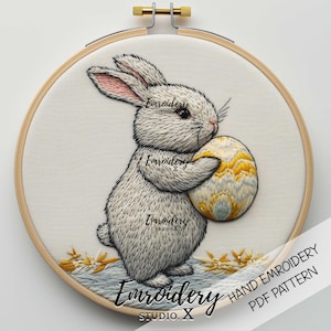 Easter Rabbit Embroidery Pattern | Cute Bunny Holding Egg PDF | Spring Animal Hand Embroidery | Easy Easter Hoop Art Design