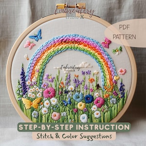 Wzór haftu „Tęczowy ogród” | Wiosenna łąka w formacie PDF | Wzór haftu „Dzień szczęścia”