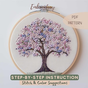 Cherry Blossom Tree Embroidery PDF | Floral Pink Sakura Pattern | Summer Flower Hoop Art for DIY Hand Stitching Projects