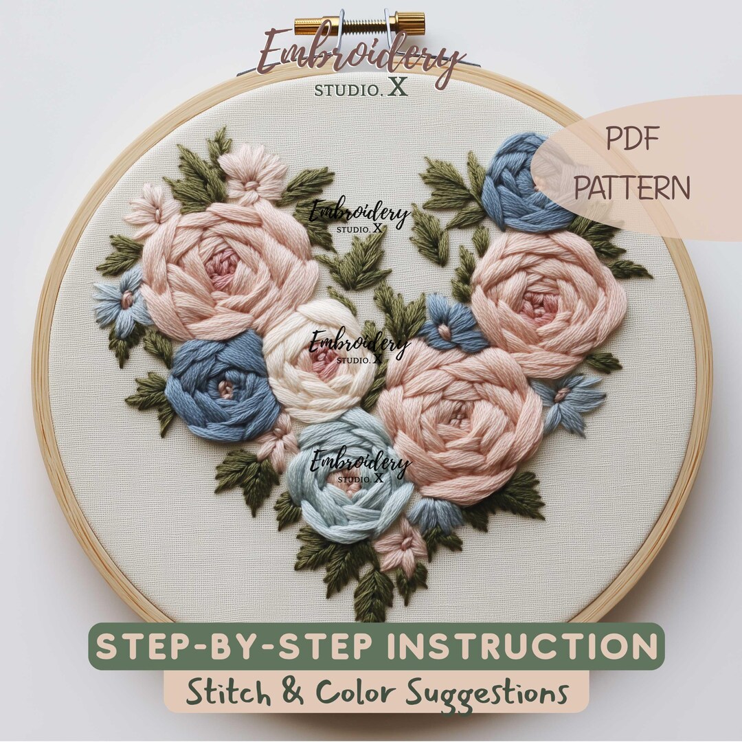 Romantic Heart of Flowers Embroidery Pattern - Valentine’s Floral PDF ...