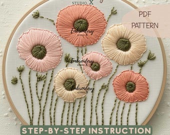 Poppy Flower Embroidery PDF Pattern – Poppy Flower Art for Floral Hoop Art, Poppy Embroidery, Beginner Crafts, and DIY Summer Projects