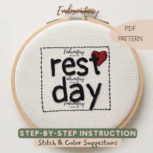 Borduurpatroon rustdag | Gezellige kalenderpagina hoepelkunst pdf | Modern minimalistisch handsteekontwerp voor beginnende borduurster