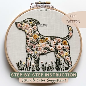 Patrón de bordado de silueta de perro floral (PDF) / Diseño de bordado a mano de flores de animales / Bastidor de arte floral con temática de perros para proyectos de costura DIY