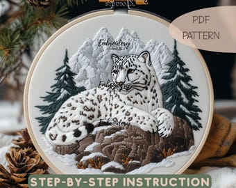 Snow Leopard Embroidery Pattern | Realistic Big Cat Hand Embroidery PDF | Nature-Inspired Hoop Stitching