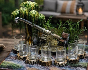 Schnapsspender für Angler, handgefertigte Mini-Bar-Deko aus Holz mit 7 Schnapsgläsern, rustikales Fischer-Geschenk
