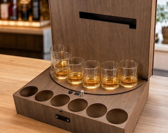 Whiskey Geschenk Set – smarte LED Shot Station für 4 oder 6 Gläser, automatische Holzbox & Bar Counter Mittelpunkt