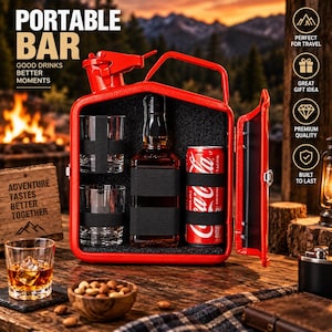 May include: A red metal jerry can converted into a portable bar, featuring a hinged door and black interior foam lining. It holds two clear glass tumblers, a glass liquor bottle, and a red aluminium soda can, all secured with black elastic straps.