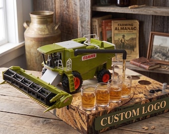 Automatischer Mähdrescher Schnapsspender mit Gläsern - Personalisiertes Geschenk für Landwirte zum Ruhestand, Luxus Traktor Alkoholdesfender