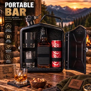 May include: A black metal portable bar shaped like a fuel canister, featuring an open door revealing a bottle of amber liquid, a red soda can, and two glass tumblers secured with black elastic straps inside a dark, foam-lined interior compartment.