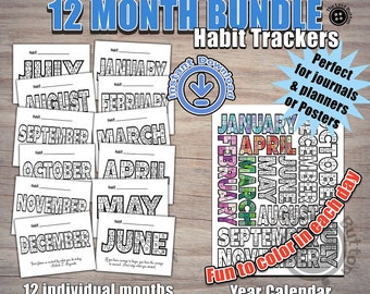 Habit Tracker Bundle, Download, Daily Fitness Workout Tracker, Calendar, Planner, Year, Monthly, A4, A5, 365 Days, 366 Days, Coloring Sheet