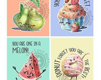 Valentine Printable Cards Kids & Adults - Digital Instant Download - Watermelon - Donut - Cupcake - Pear - Food Puns - Cute - Greeting Cards