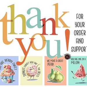 Może przedstawiać: Dziękuję! Kolorowa ilustracja z napisem "Dziękuję!" i czterema mniejszymi ilustracjami z tekstem "You are berry sweet", "Donut forget you are the best", "We make a great pear" i "You are one in a melon".