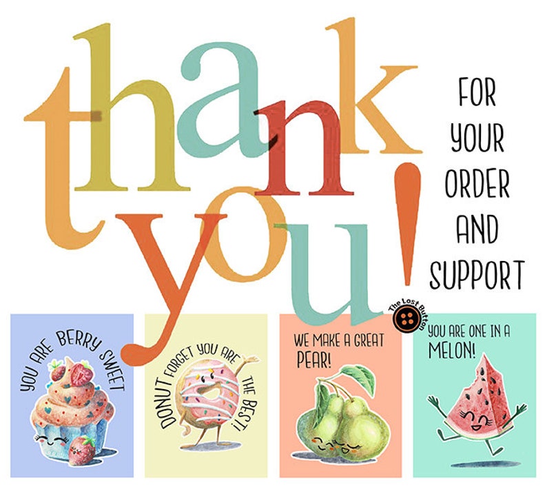 Może przedstawiać: Dziękuję! Kolorowa ilustracja z napisem "Dziękuję!" i czterema mniejszymi ilustracjami z tekstem "You are berry sweet", "Donut forget you are the best", "We make a great pear" i "You are one in a melon".