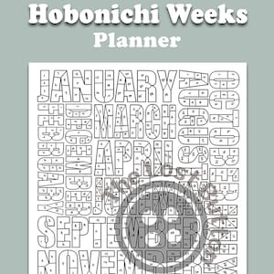 Może przedstawiać: Czarno-biały kalendarz do wydrukowania do planera Hobonichi Weeks. Kalendarz zawiera miesiące roku napisane dużymi literami z numerami od 1 do 31 wewnątrz każdej litery. Tekst "The Lost Button" znajduje się na dole strony.