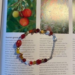 Puede incluir: Un primer plano de un brazalete de cuentas rojas y blancas con una variedad de cuentas de colores, incluyendo rojo, blanco, amarillo y naranja. El brazalete está sobre un libro con texto sobre arbustos de hoja perenne.