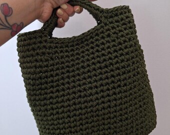 Borsa a mano uncinetto verde oliva, Borsa tote artigianale in cordino, Shopping bag fatta a mano, Regalo per lei, Borsa estiva elegante.