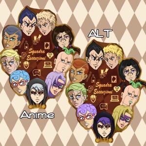 Może przedstawiać: Cyfrowa ilustracja przedstawiająca portrety postaci z anime ułożone w kształt serca. Obraz zawiera tekst „ALT” i „Anime”, a także słowa „Squadra Esecuzioni”. Paleta kolorów to głównie brąz i beż.