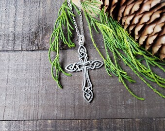 Celtic Cross Necklace in Antique Silver, Choose Steel or SP Chain, Crucifix, Cross Necklace