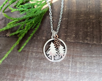 Antique Silver Pine Tree Necklace: Mountain Lover Gift, Steel or SP Chain
