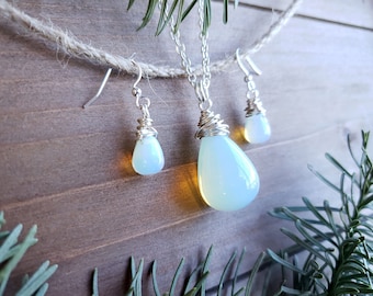 Large Opalite Glass Drop Necklace, Wire Wrapped Opalite Drop, Choose Steel or SP Chain, Matching Earrings Available, Faux Moonstone