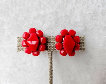 Vintage West German Red Cluster Earrings, Clip-Back Earrings