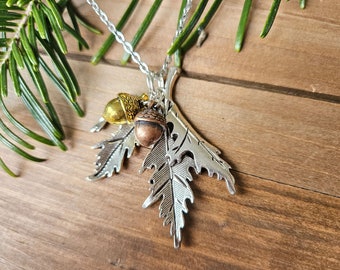 Maple Leaf & Acorn Necklace in Antique Silver, Gold, Copper, Choose Steel or SP Chain, Matching Earrings Available, Mixed Metals, Fall Time