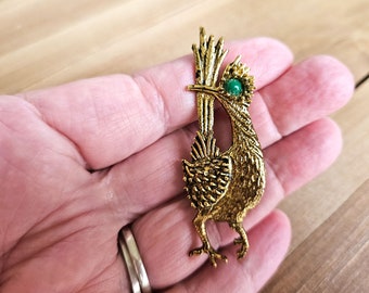 Vintage Ambassador Road Runner Brooch, Goldtone with Faux Turquoise Eye, with Hallmark, Very Good