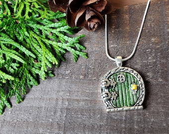 Hobbit Door Brass Silver Necklace Locket Pendant Fantasy Fairy & Gift Bag 